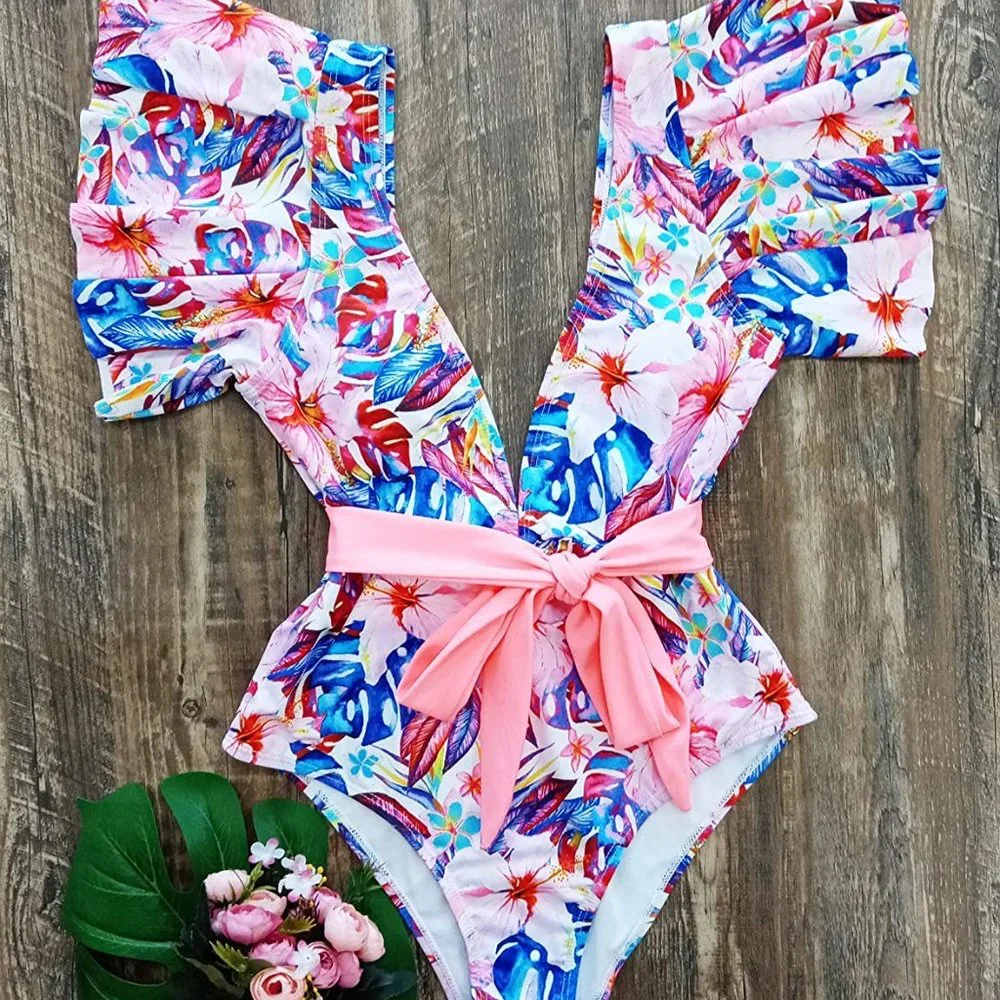 NWT Telaura One Piece Ruffle Floral Print Swimsuit - Picture 1 of 10